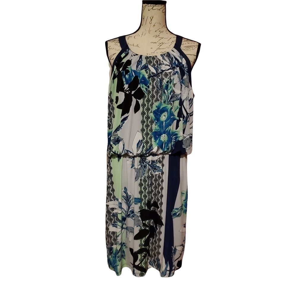 Style & Co Ladies Size Large Blue Green Multi Print Sleeveless Blouson Dress